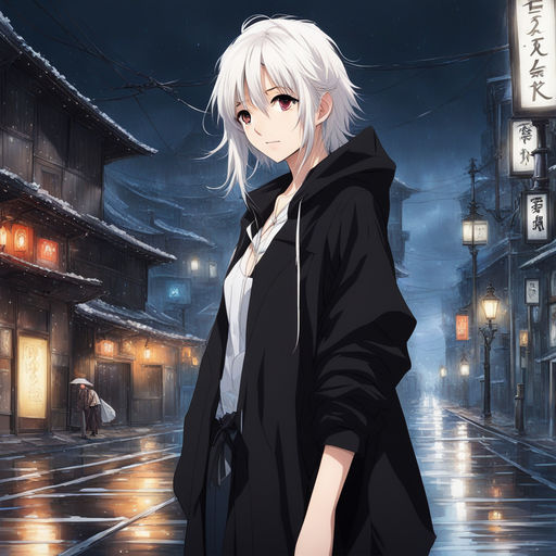 Anime boy, white hair, hoodie, smiling, necklace, gray eyes, Anime