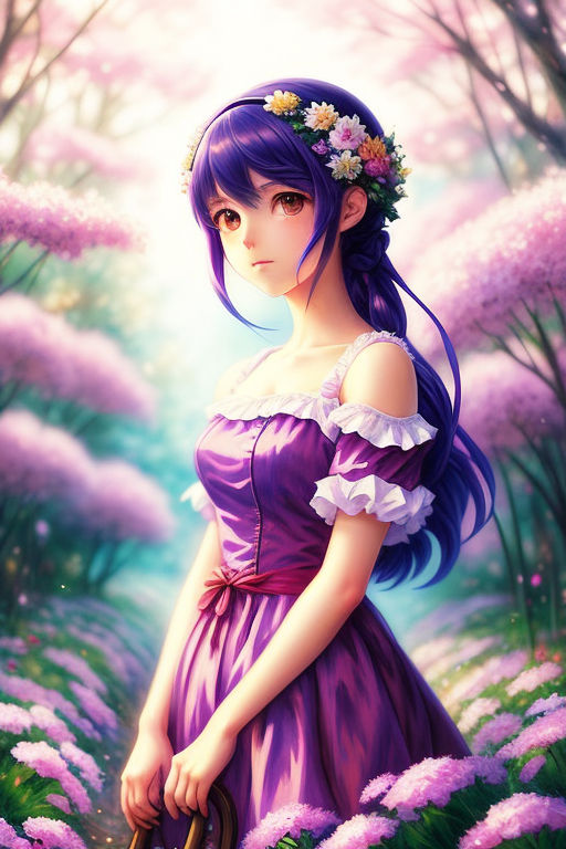 404536 anime, anime girl, long hair, dress, purple hair, blue eyes, sky,  flowers, red flowers, flower in hair hd download, 2405x3000 - Rare Gallery  HD Wallpapers