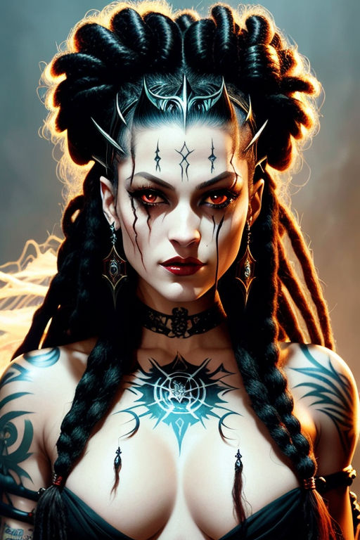 AI Art Generator Dark fantasy pen and ink a beautiful and deadly woman  with long grey hair and tattoos wearing a dancers dress