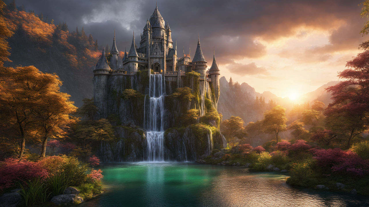 Elven castle near waterfall in the forest, magical fairy world Stock Photo