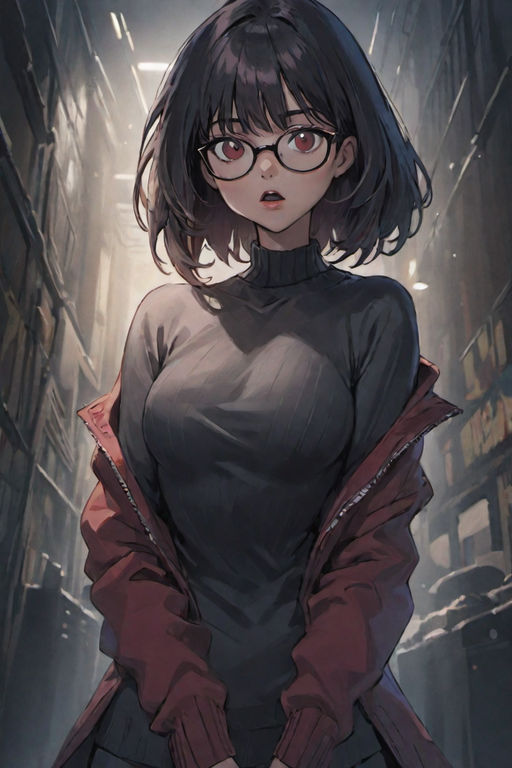 Dark anime depiction of a young woman with short black curly hair and green  eyes with glasses and collar, highly detailed, beautiful, sensual