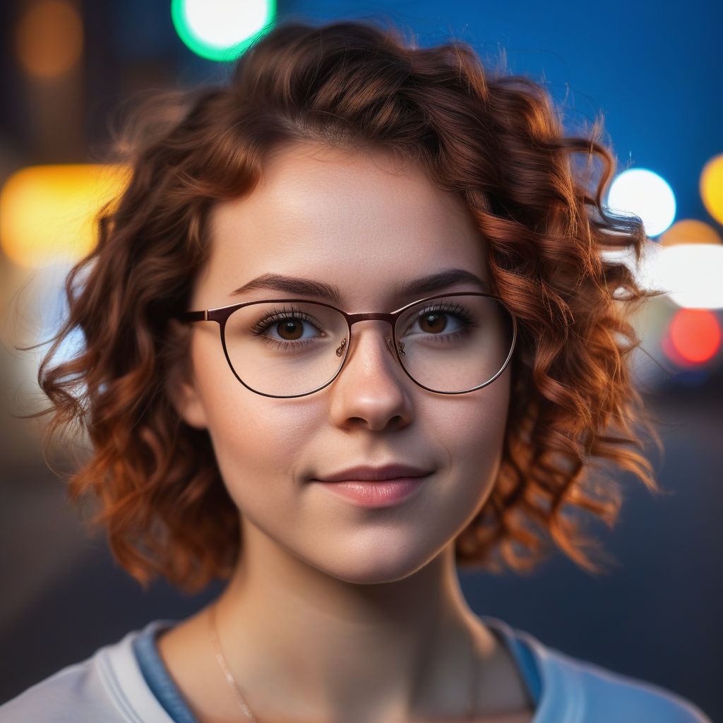 KREA - tall very slim 40 year old woman sitting, short brown shoulder  length curly hair , small breasts, small glasses, square jaw, slim face,  gentle wide smile, violet coloured t-shirt