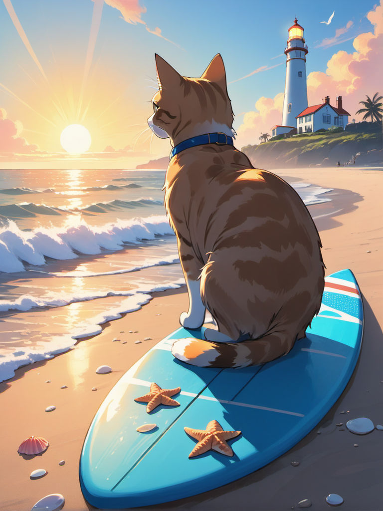 A Cute Anime Cat Girl in Dynamic Pose, at a Beach with Sunrise