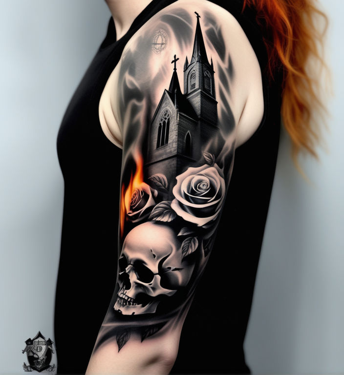 Sang Bleu Tattoo London - Burning church by our resident tattooist @maic.  Book: traditionalmarks@hotmail.it #tattoo #sangbleulondon #blacktattoo |  Facebook