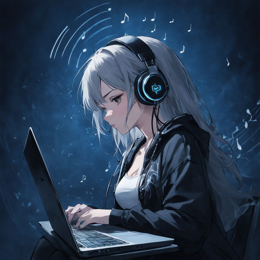 futuristic anime style girl listening to music with headphones