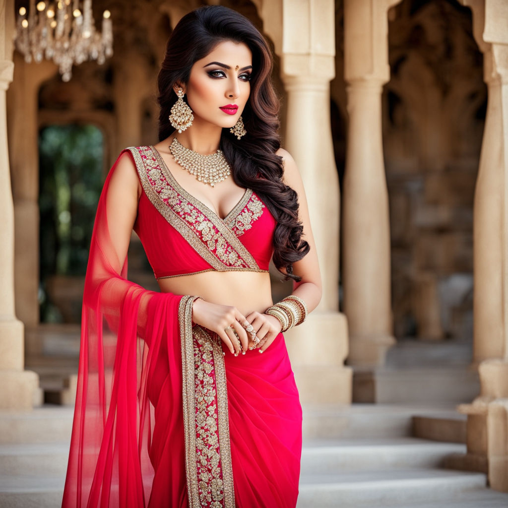 Design ideas for full figured urban modern Bengali woman wearing transparent  red chiffon saree and deep neck halter sleeveless bikini style blouse  looking like a bra with very very deep armholes fashion 