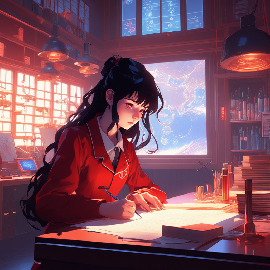 Lexica - An anime girl sits at a desk, surrounded by books and notes. She  wears a black and white dress and has long, glossy black hair. She has a  de...
