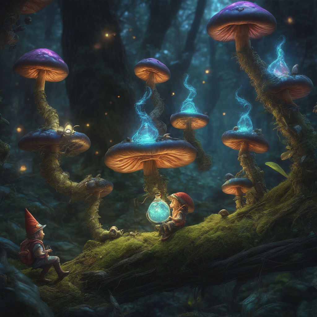 Peter pan sitting next to a glowing mushrooms at night in the forest -  Playground