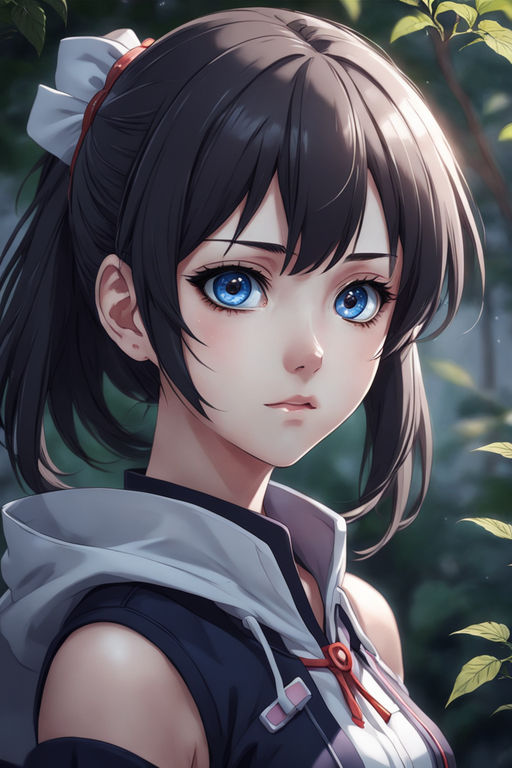 anime girl with short black hair and blue eyes