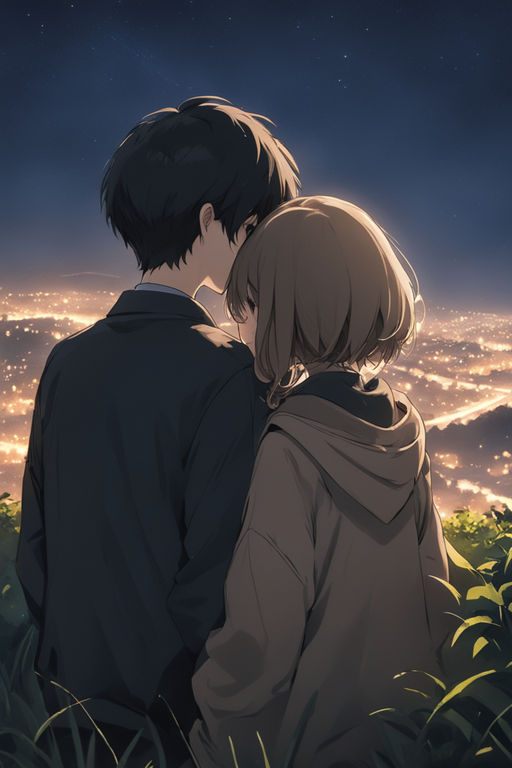 A lovely anime couple that kiss on a bench, Cartoon 