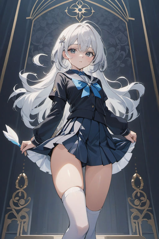 Women long hair thigh highs digital art anime gray hair anime