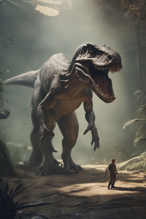 Roaring T rex in prehistoric landscape, showcasing its menacing