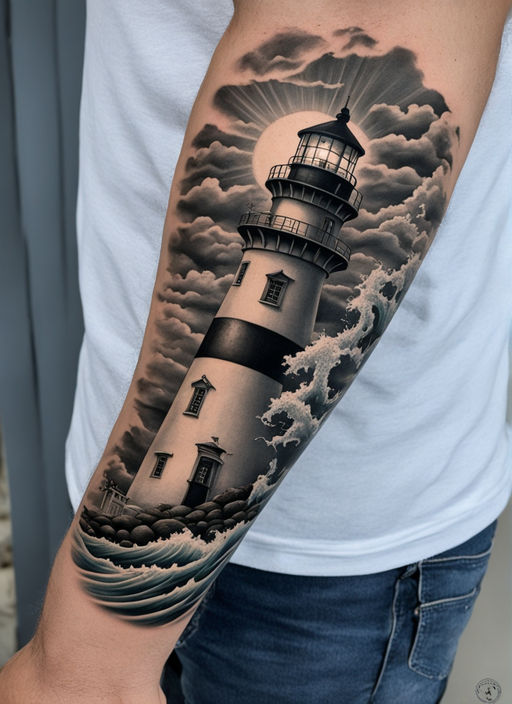 Hope is the Light in the Darkness, Traditional Lighthouse / Birds Tattoo  Design
