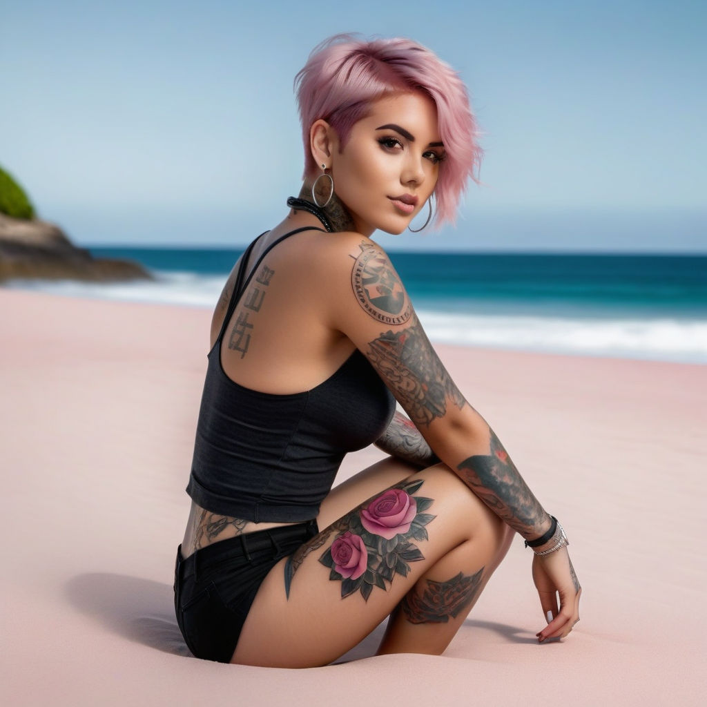 Beauty curved tattoo cyber beach girl - Playground