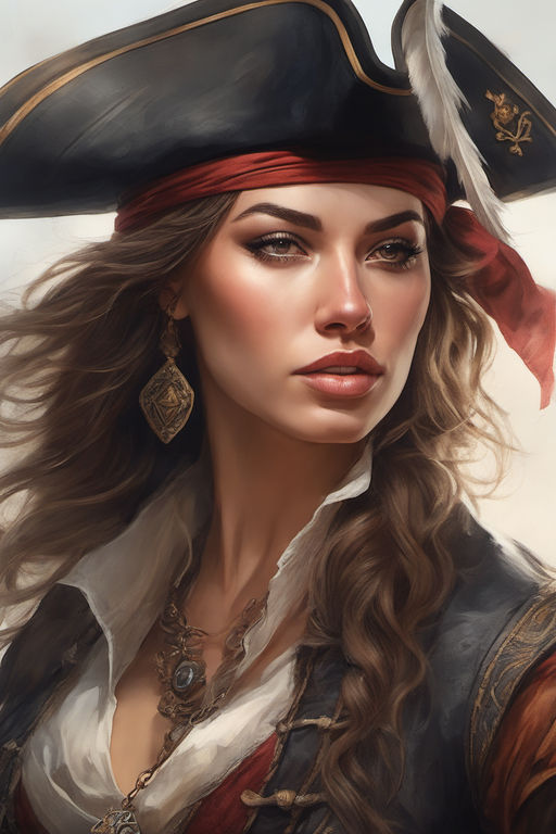 A Full Body Portrait of a Beautiful Female Pirate Looking at a Huge Pirate  City in the Distance