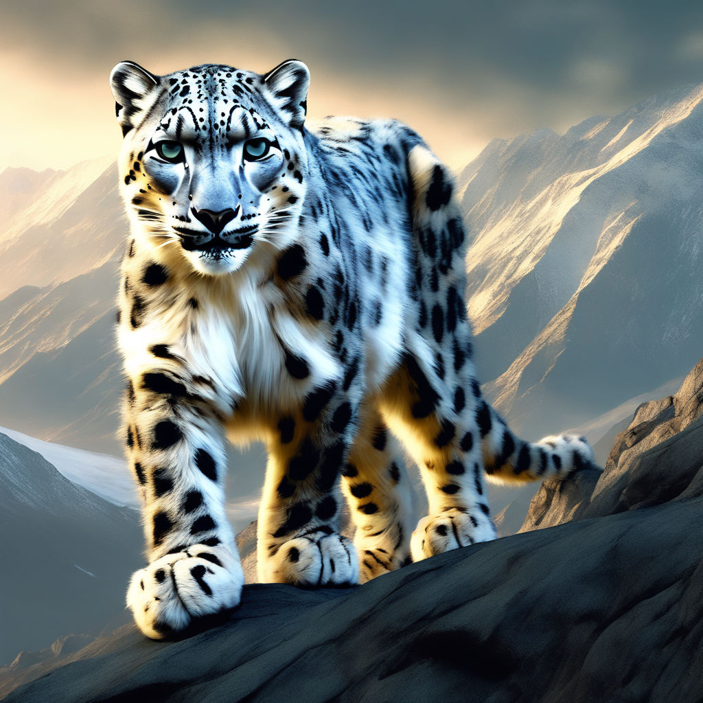 A 4K ultra HD mobile wallpaper depicting a graceful and elusive Snow Leopard,  with its thick fur and piercing blue eyes, perched on a rocky ledge against  the backdrop of a snow-capped