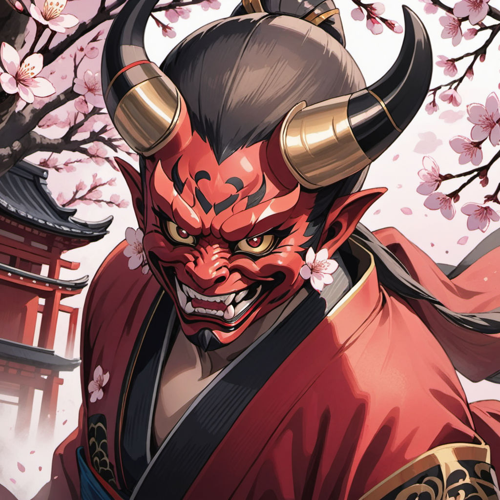 ultra detailed illustration in anime style of a demon woman with a  (japanese mask)