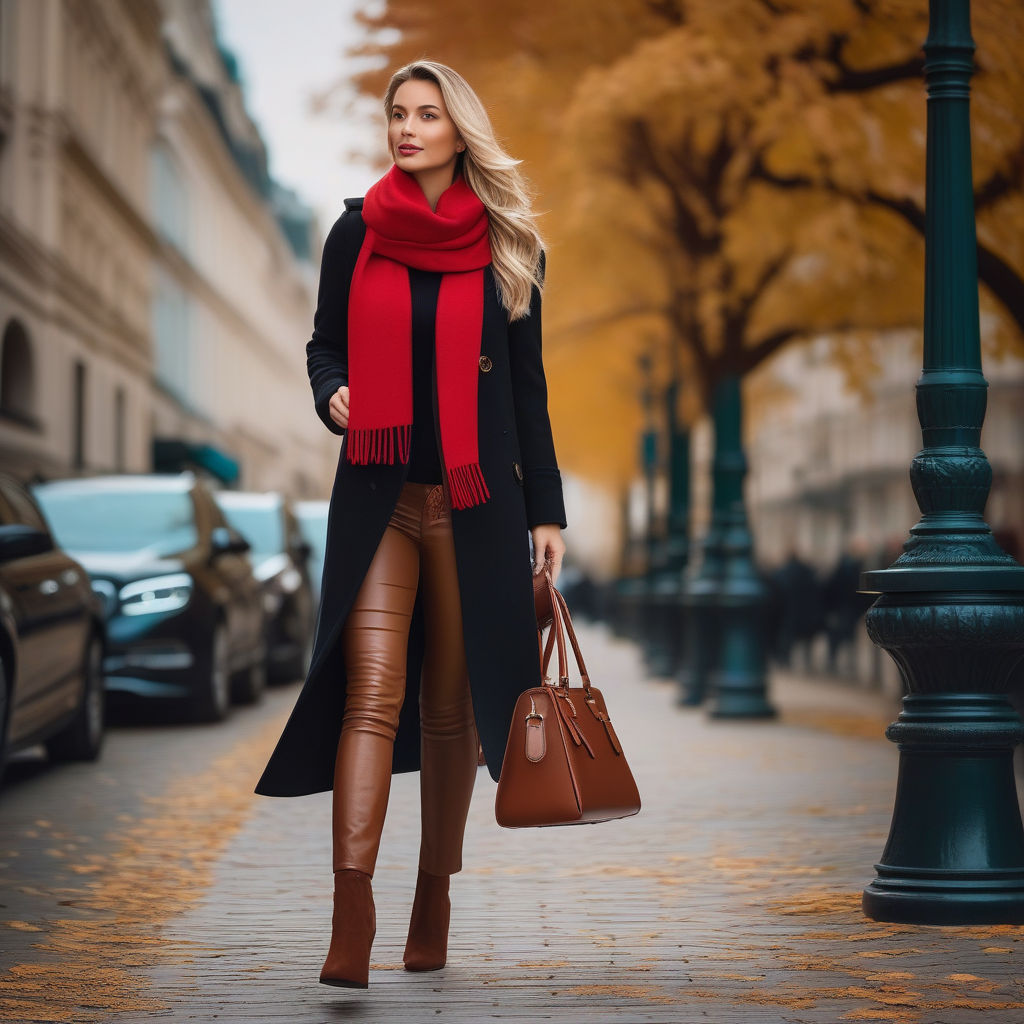 Chic Street Style: Red Scarf & Grey Sweater