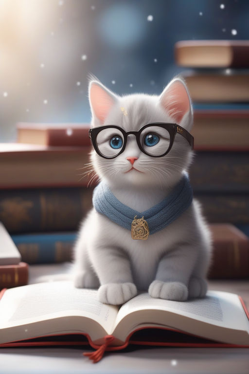 Cute Kitten Wearing Glasses and Sitting Cartoon Kawaii Chibi