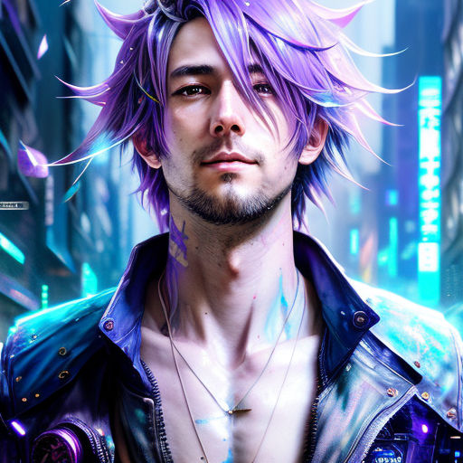 Lexica - Purple hair anime brown guy, hoodie, no expression, no emotion,  anime style, manga, cartoon, anime