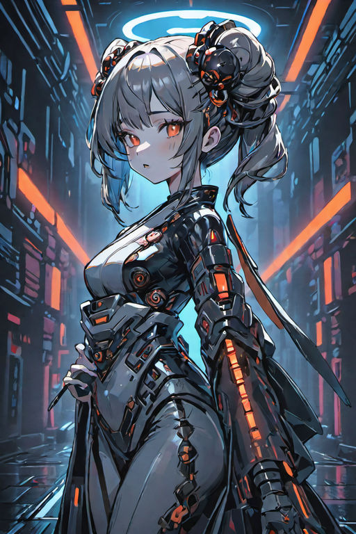 Cyberpunk anime girl with glowing eyes, dark orange, black, dark teal, pale  orange, teal