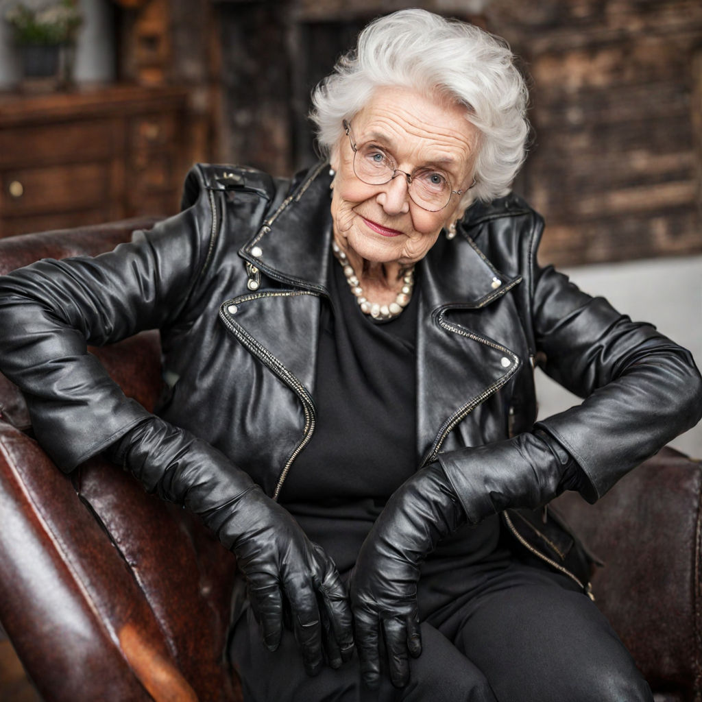 Submissive 81 years old granny wearing black leather gloves and black  leather coat teasing younger man - Playground