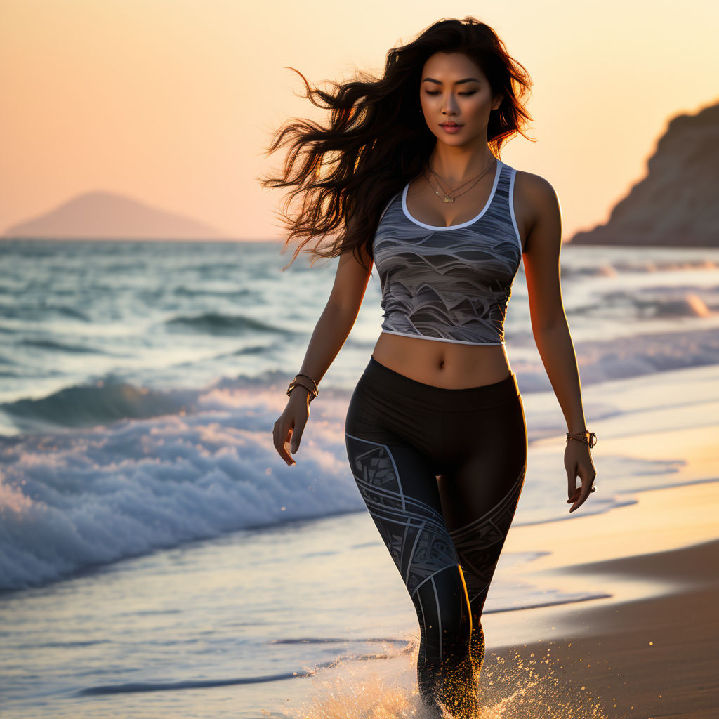 wearing a tight fitting yoga outfit and posing on a beach at