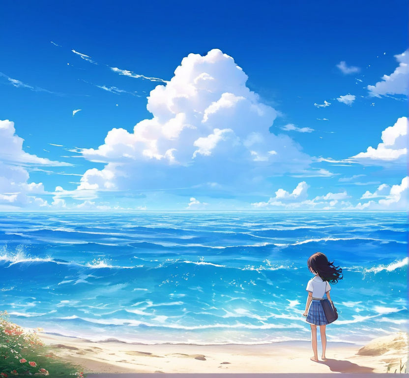 Beach with ocean. Sun and clouds. Orange anime digital art. Landscape Stock  Illustration | Adobe Stock