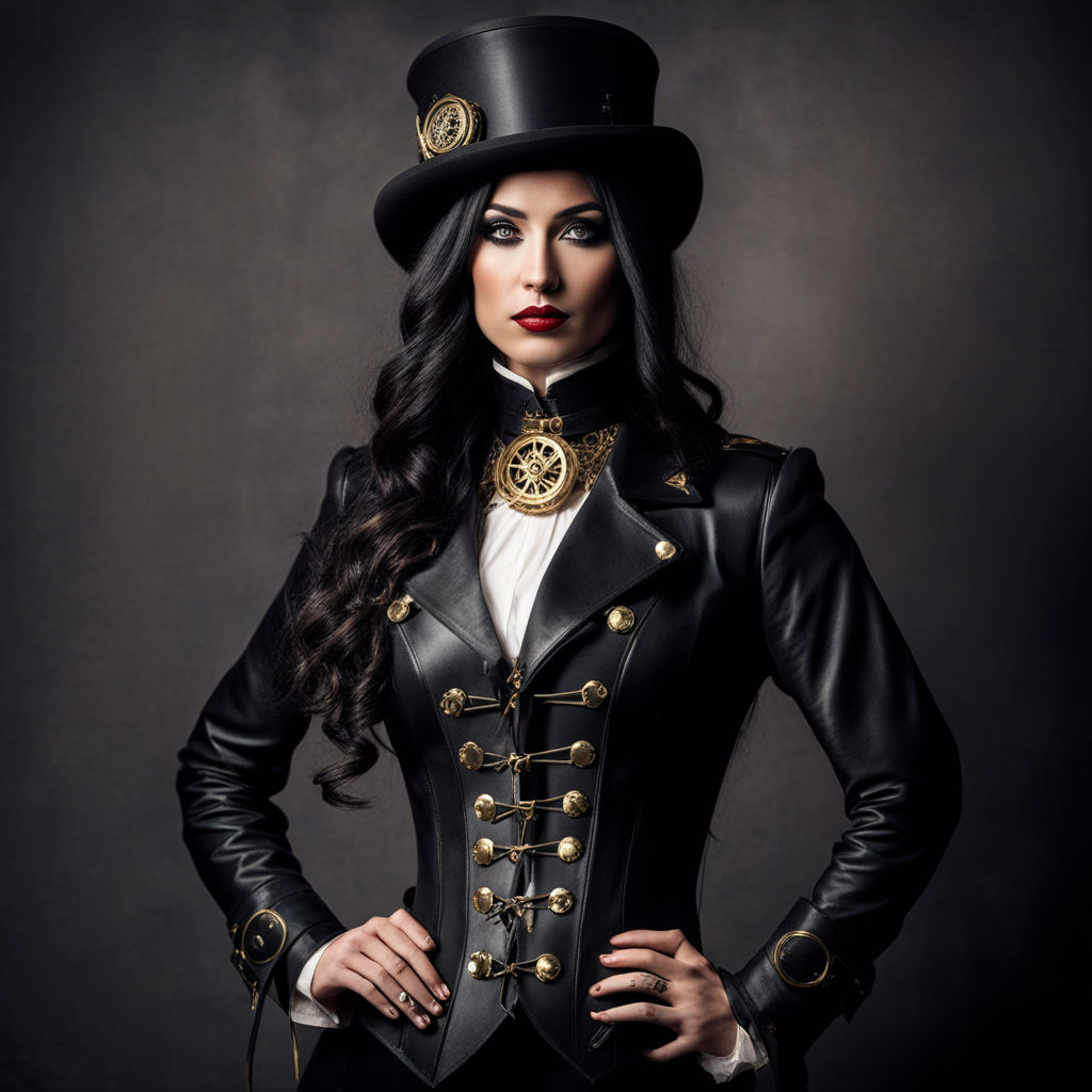 Elegant steampunk queen all in black leather - Playground