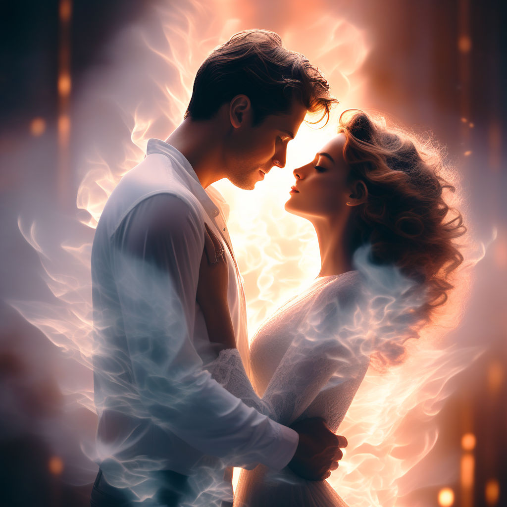 Prompt: twinflames, lovers, kissing, love, man and woman, , haze, ultra-detailed, film photography, light leaks, Larry Bud Melman, trending on artstation, sharp focus, studio photo, intricate details, highly detailed, by greg rutkowski