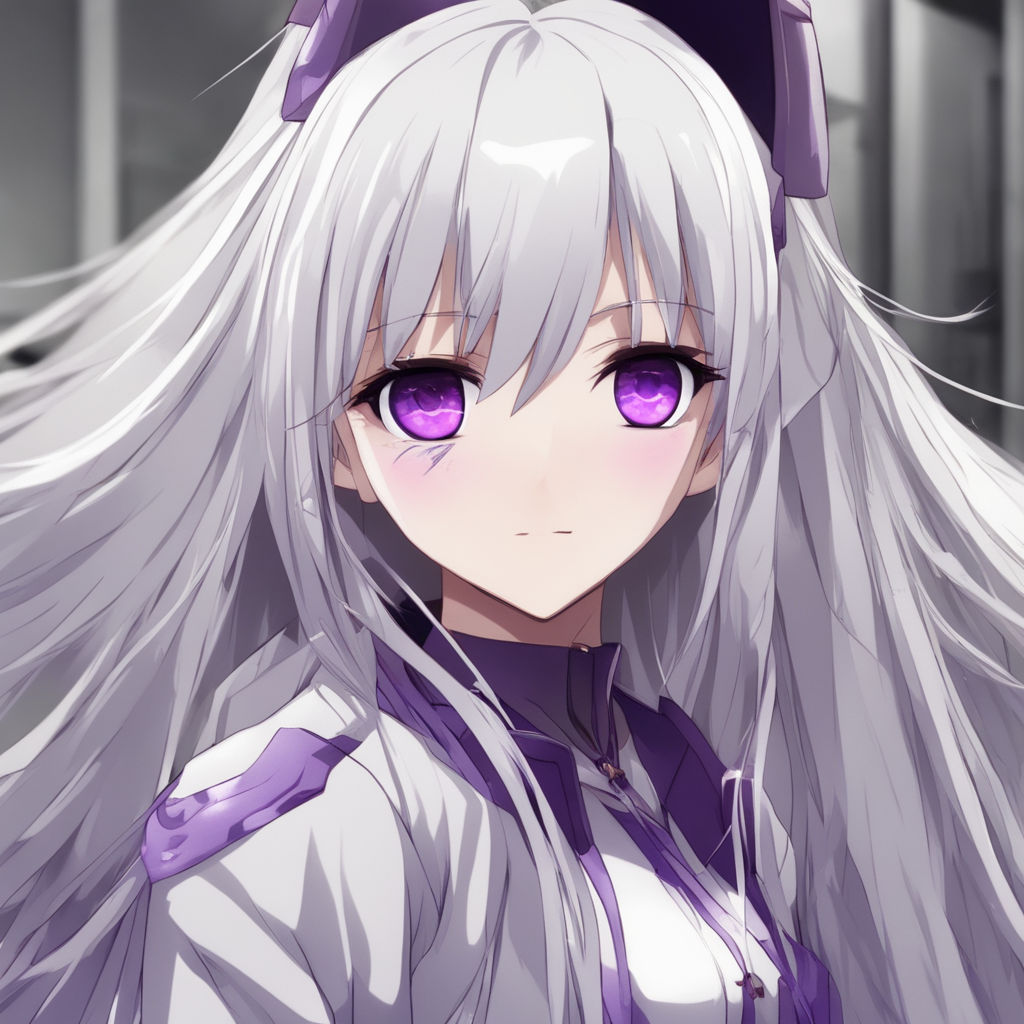 anime girl with silver hair and purple eyes