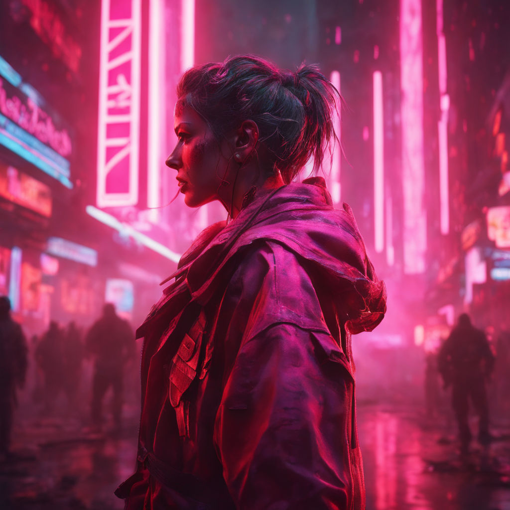 Cyberpunk girl in modern city by the road side with people walking