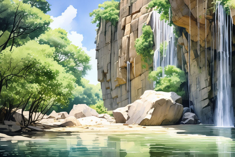 A group of people standing in front of a waterfall in an anime scene, (best  quality,4k,8k,highres - SeaArt AI