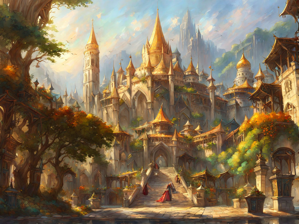 pointed spires and towers that reach high into the sky. The kingdom is  surrounded by dense forests - Playground