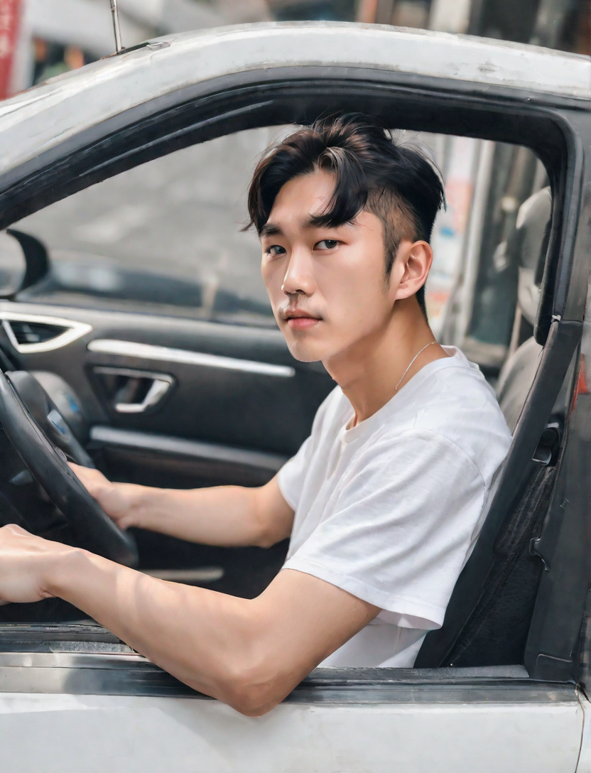 KREA - very serious ryosuke takahashi with black hair wearing a dark blue  shirt and white pants stands alone leaning on his white mazda rx 7 on an  empty gas station, late