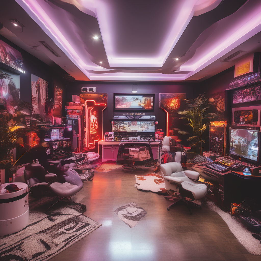 Awesome gaming setup from the future. Elegant gaming concept. Stylish room  for entertainment. Greatest interior ever. Generative AI. Illustration  Stock