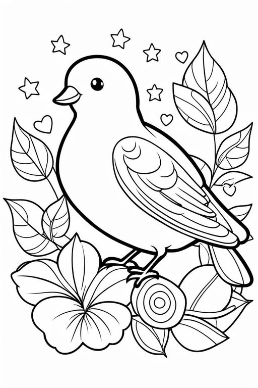 Simple coloring page for kids 4-8 age white and black, bird on a