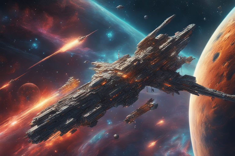 featuring colossal battleships from distant worlds engaged in an epic  interstellar war. The scene captures the iconic space opera essence -  Playground