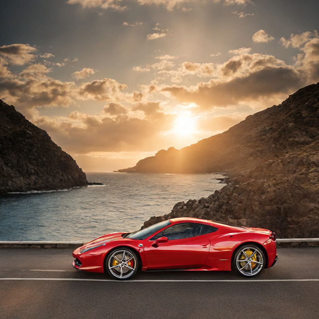 Art Poster La Ferrari Red Sport Car in Sunset on the Highway