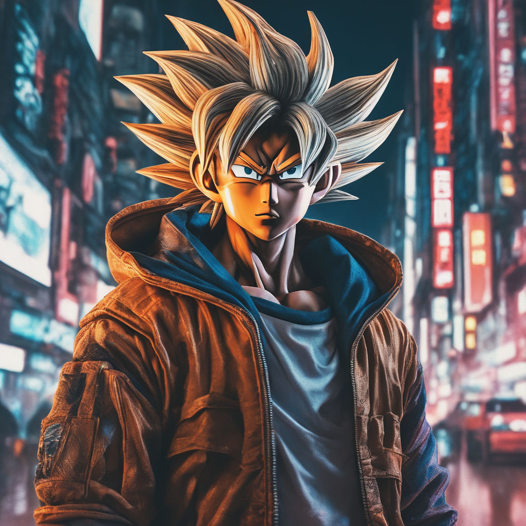 Anime character with super saiyan 2 hair, glasses, and a hood