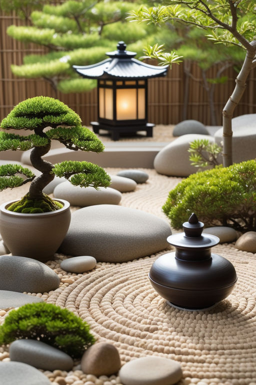 Generative AI, Miniature Zen Garden with Sand and Bonsai Style