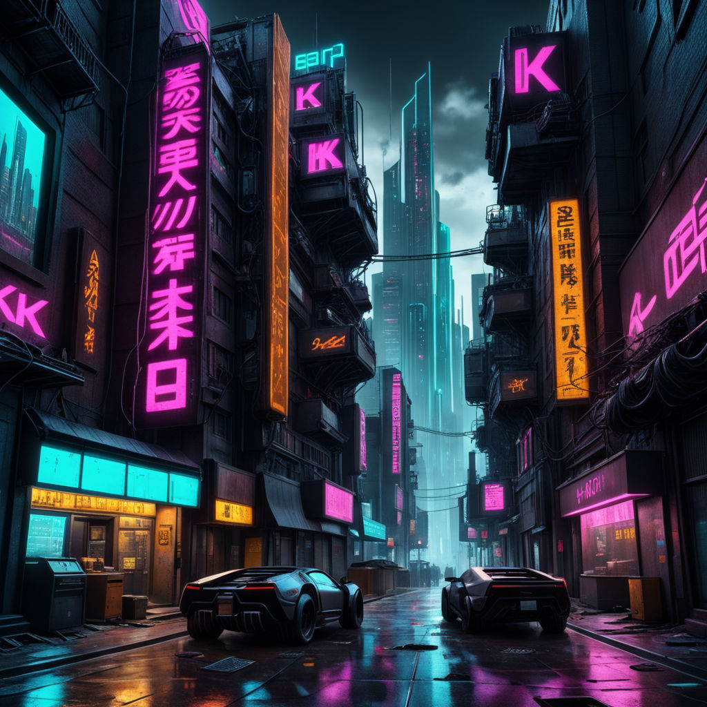 Cyberpunk neon city street at night. Futuristic city scene in a