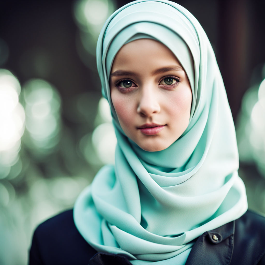 Girl,jojo bizare style,blue eyes, smile, green headscarf muslim