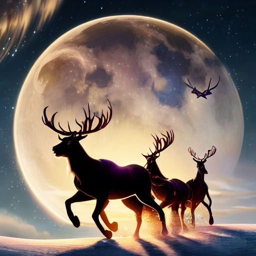 Reindeer silhouetted by full moon and radiant aurora borealis