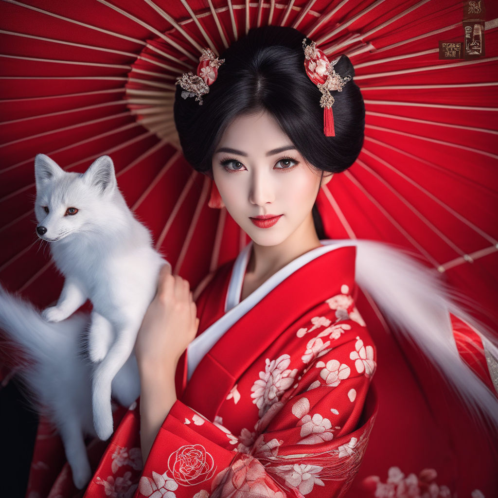 Nine tailed fox kitsune spirit in a form of human kimono girl