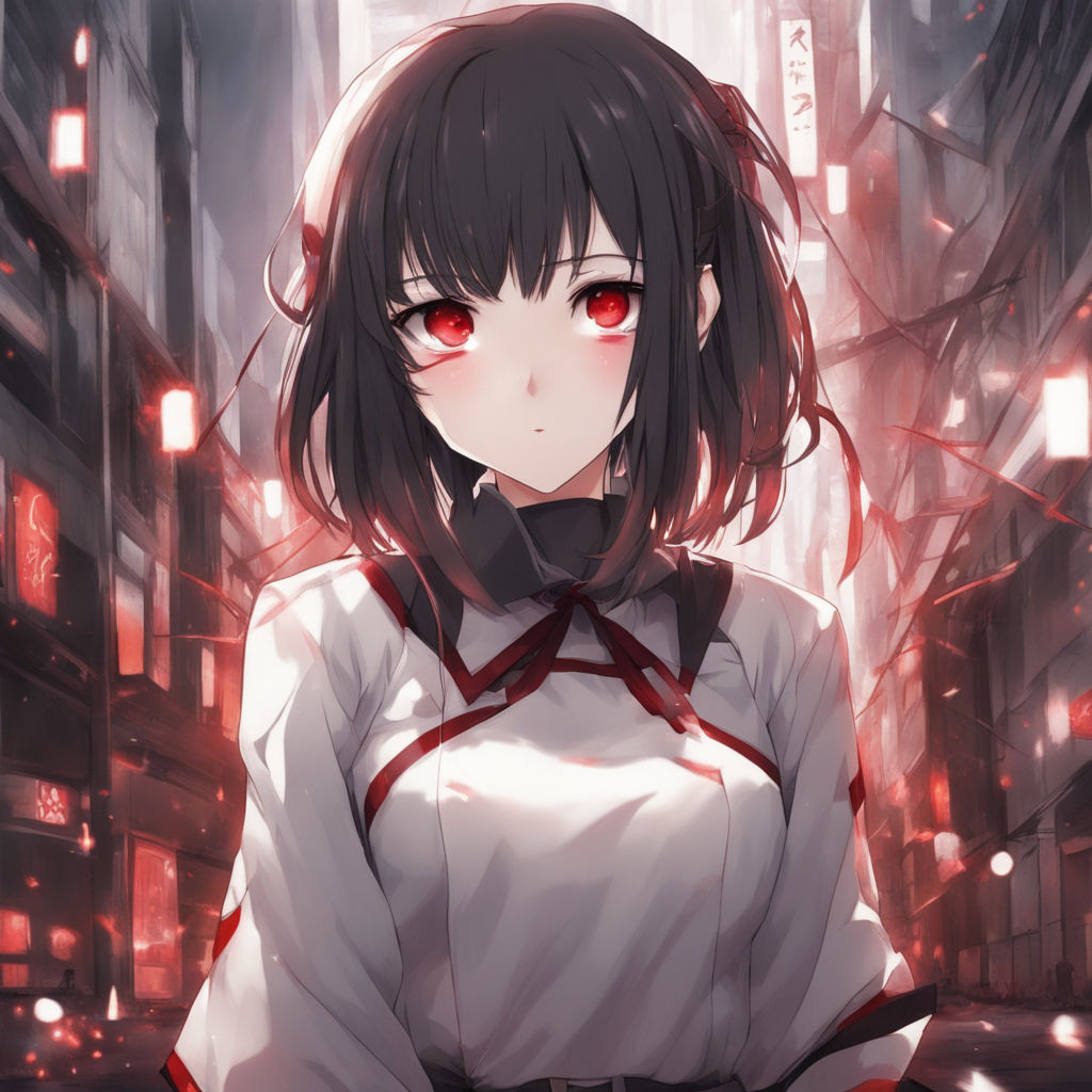 Beautiful anime girl with black hair and red eyes