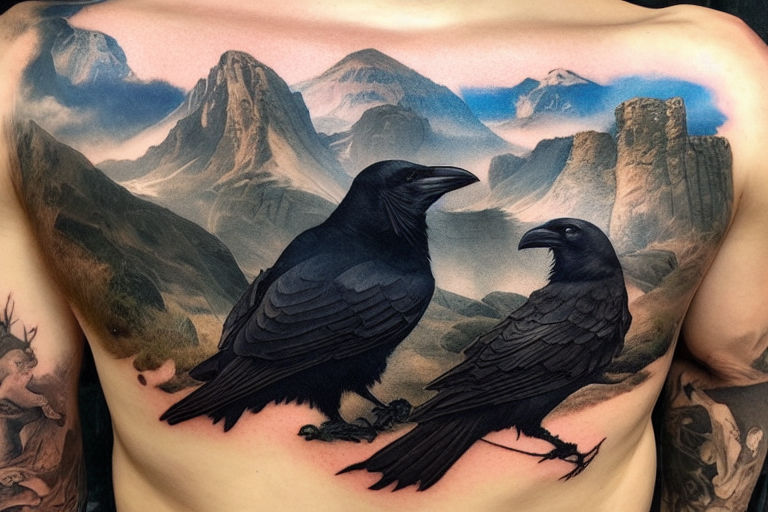 Black Ink Spread Wings Raven Tattoo On Man Chest