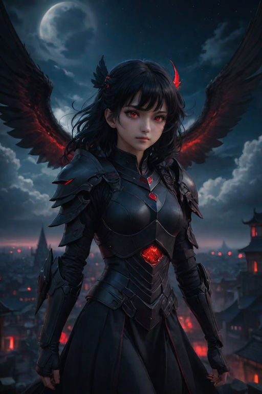 Anime character with curly black hair, golden wings, and silver eyes