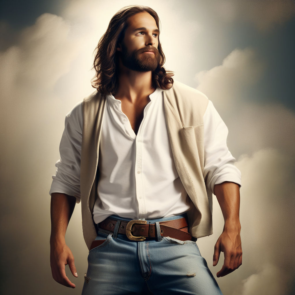 Artistic depiction of jesus in loose-fitting jeans on Craiyon