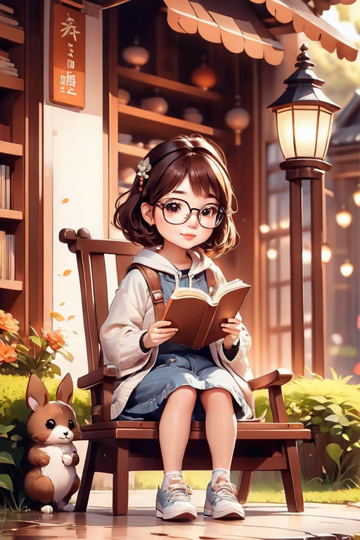 Anime Kawaii Woman With Glasses Reading Book Background, Kawaii